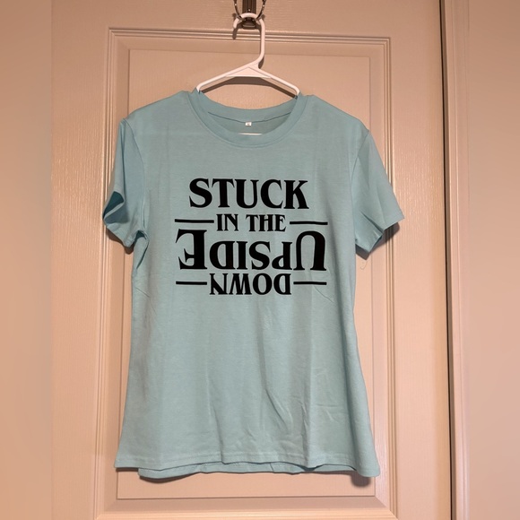NWT Stuck in Upside Down Light Blue Graphic T-Shirt Women’s Size Small and Large - Picture 1 of 5